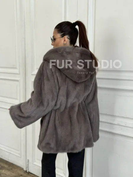 Шуба норковая с капюшоном роспуск - цвет графит - фото 4