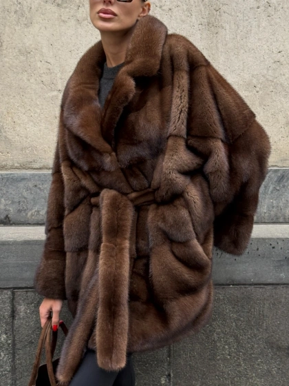 Полушубок из меха норки Brown Velvet, английский воротник фасон - летучая мышь - фото 2
