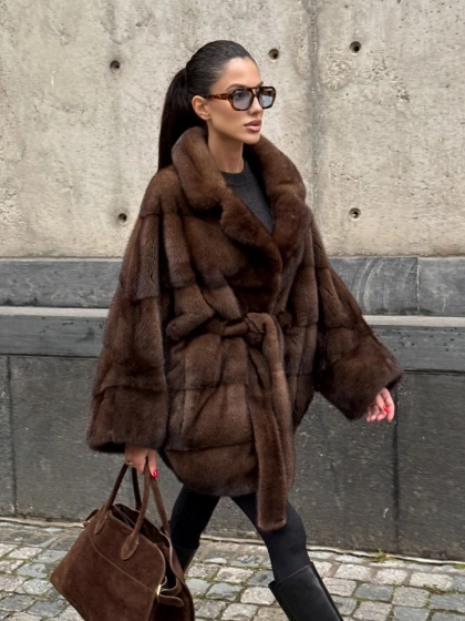 Полушубок из меха норки Brown Velvet, английский воротник фасон - летучая мышь - фото 8