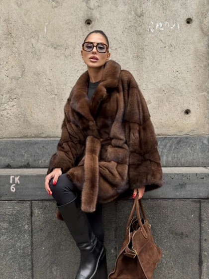 Полушубок из меха норки Brown Velvet, английский воротник фасон - летучая мышь - фото 11