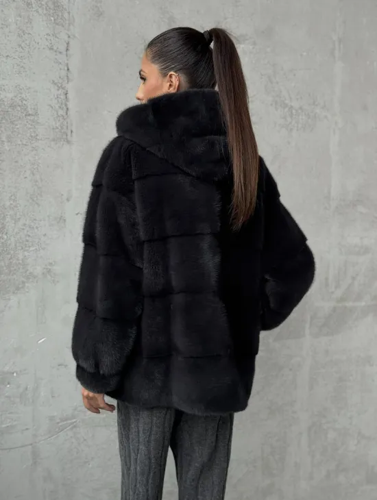 Норковый полушубок - куртка из меха норки с капюшоном графит - фото 4