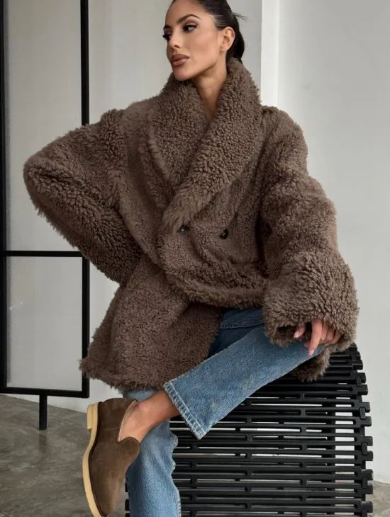 Женская двусторонняя дубленка из натуральной кожи - воротник шаль - фото 3