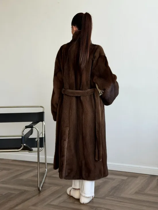 Шуба норковая в роспуск с меховым поясом - фото 11