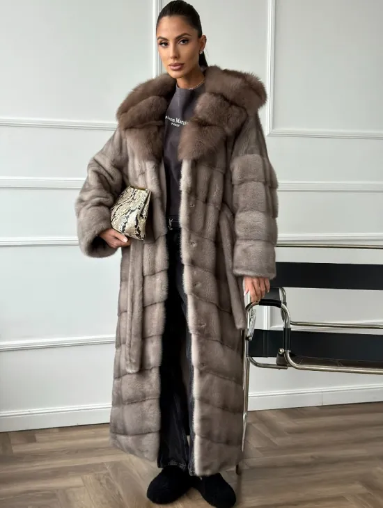 Шуба-кимоно норка в пол с капюшоном куница - фото 0