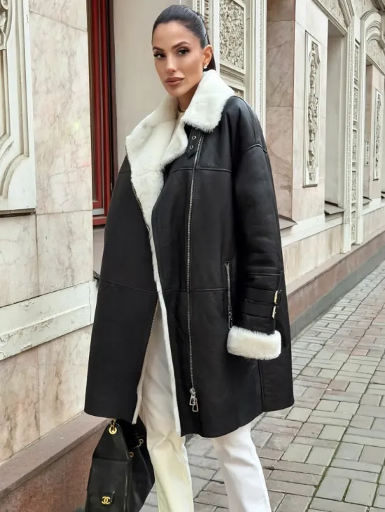 Дубленка авиатор длинная на белой овчине - фото 0