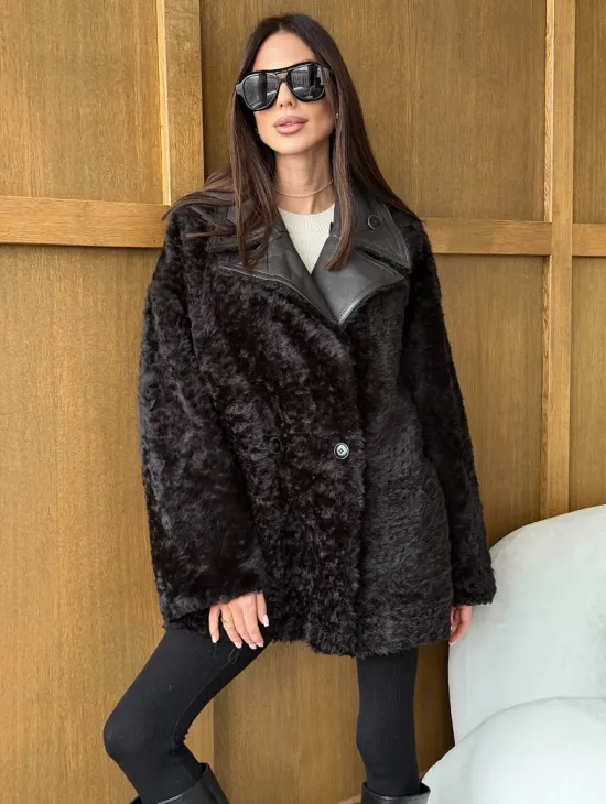 Коричневая двухсторонняя дубленка на овчине тиградо - фото 3