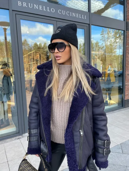 Авиатор из натуральной овчины в синем цвете - фото 3