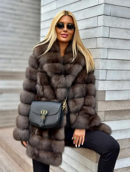 Полушубок-жакет из соболя воротник шаль седина 1/2 - фото 0