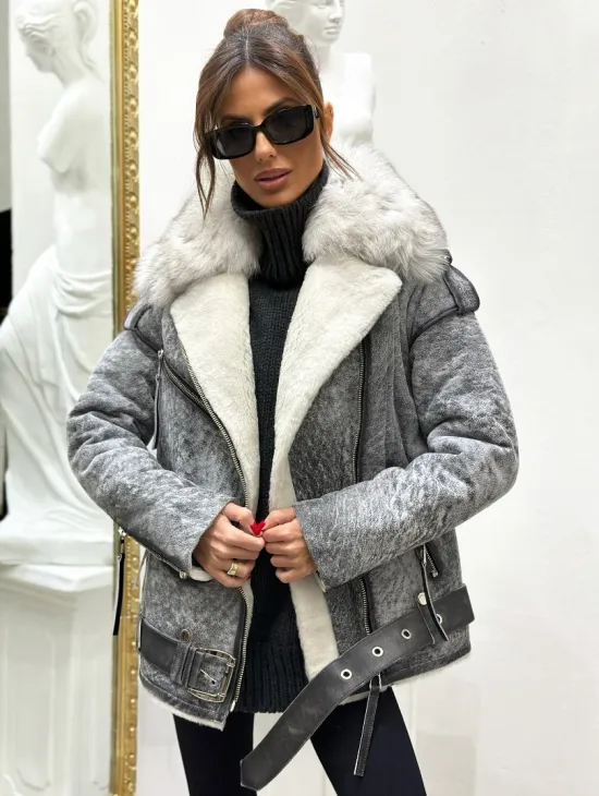 Дубленка из натуральной овчины - цвет серый - фото 0