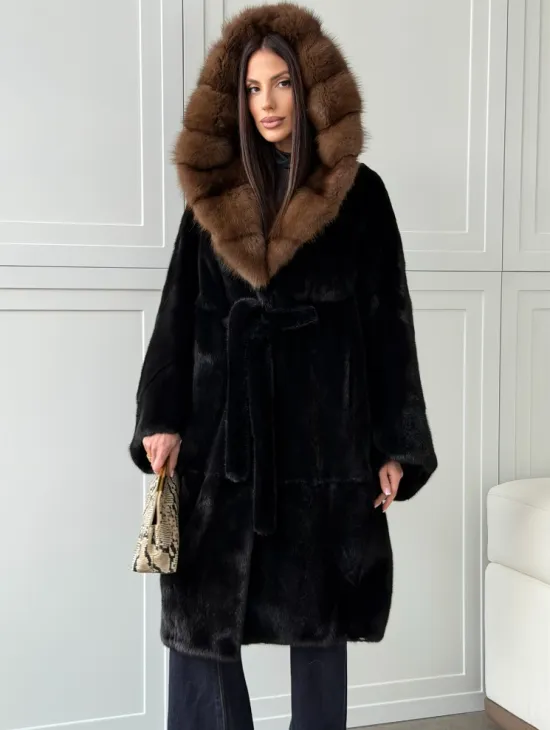 Норковая шуба фасон баллон с капюшоном куница - фото 9