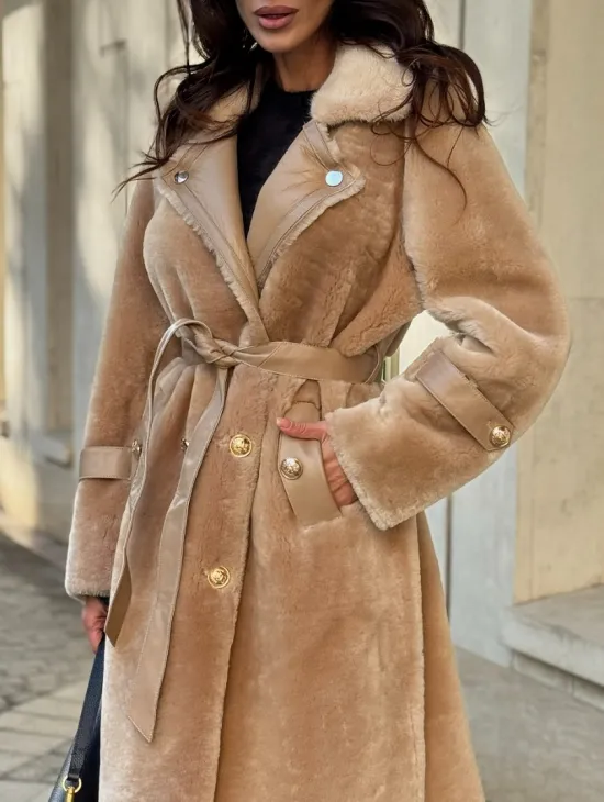 Дубленка из овчины с норковым воротником - цвет бежевый - фото 1