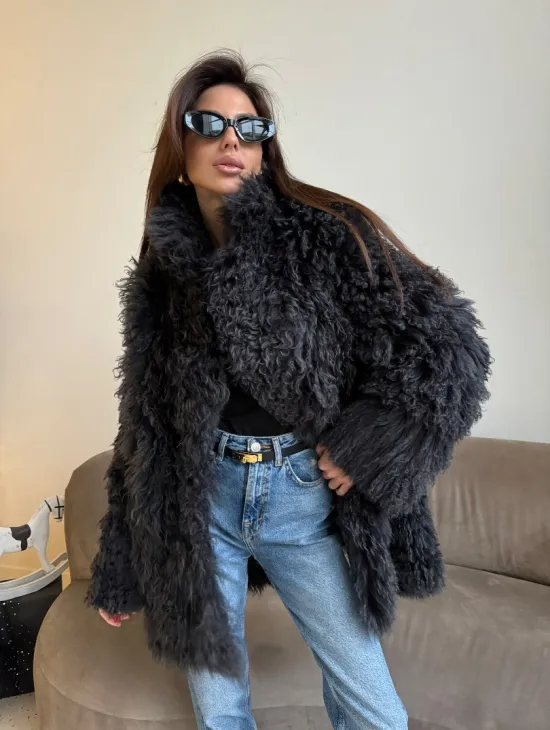 Двусторонняя шуба - дубленка из овчины цвет графит - фото 0