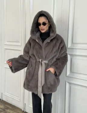 Шуба норковая с капюшоном роспуск - цвет графит - фото 6