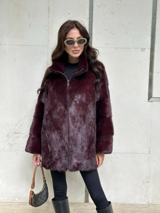 Женская норковая курточка - цвет бордо - фото 9